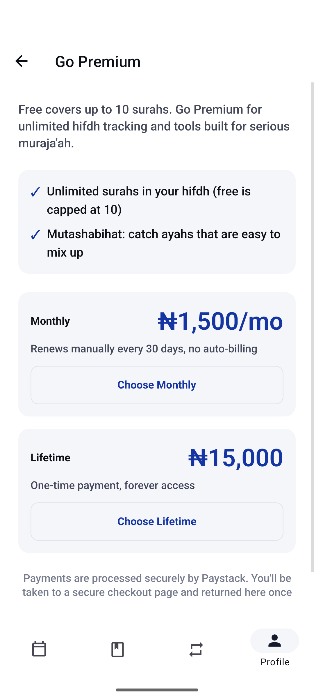 Taqreeb's Premium plans screen