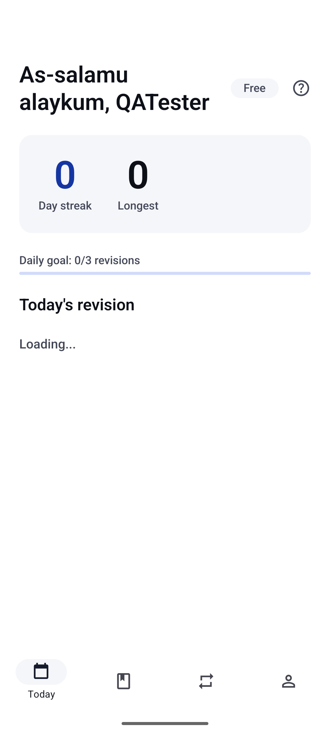 Taqreeb's Today screen showing streak and daily goal progress
